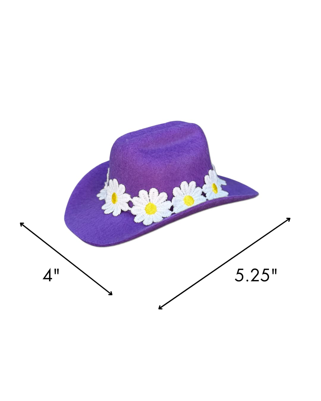 Size diagram of purple mini dog cowboy hat showing 4 inches wide by 5.25 inches tall
