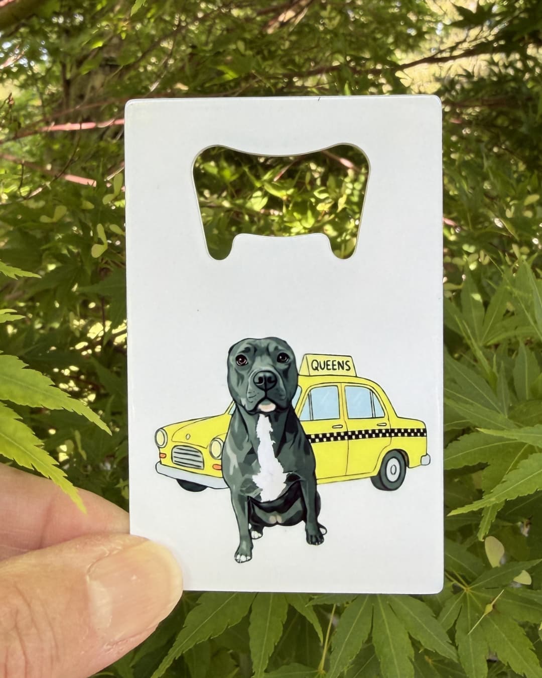 Custom pet photo bottle opener with yellow taxi and black dog design, held in hand outdoors