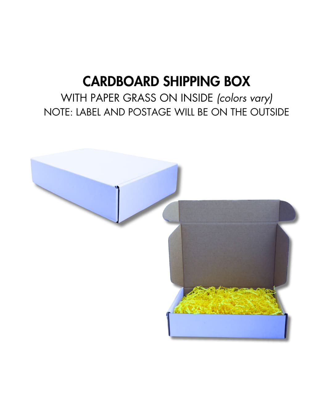 custom dog gift box white cardboard shipping box shown closed and open with yellow paper filler inside