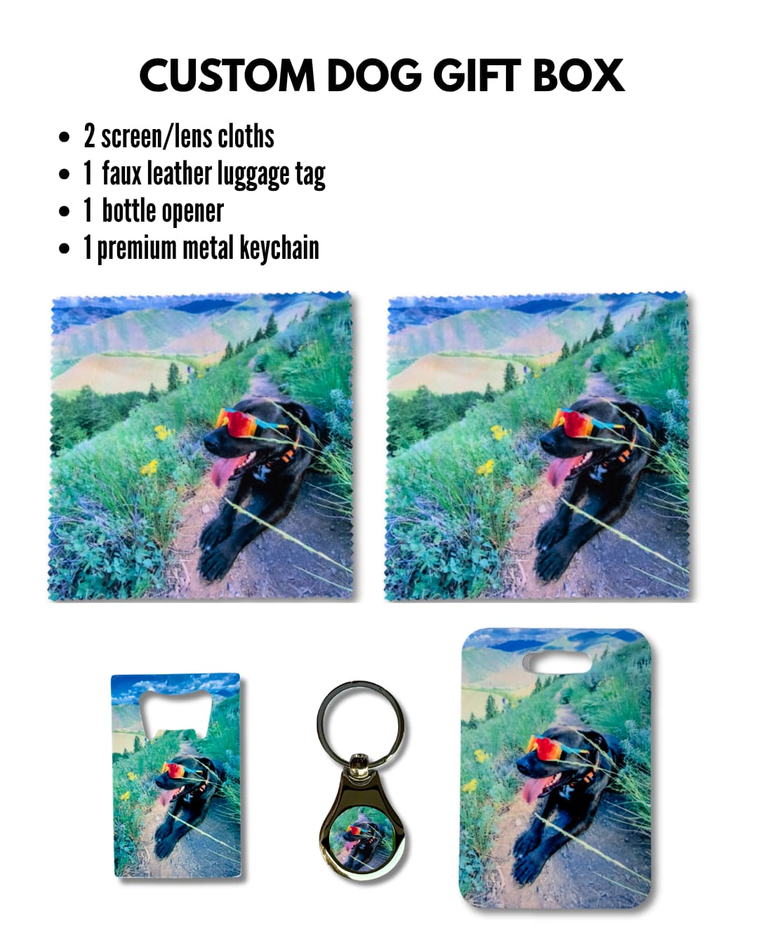 custom dog gift box contents diagram showing two lens cloths bottle opener keychain and luggage tag with a black lab wearing sunglasses