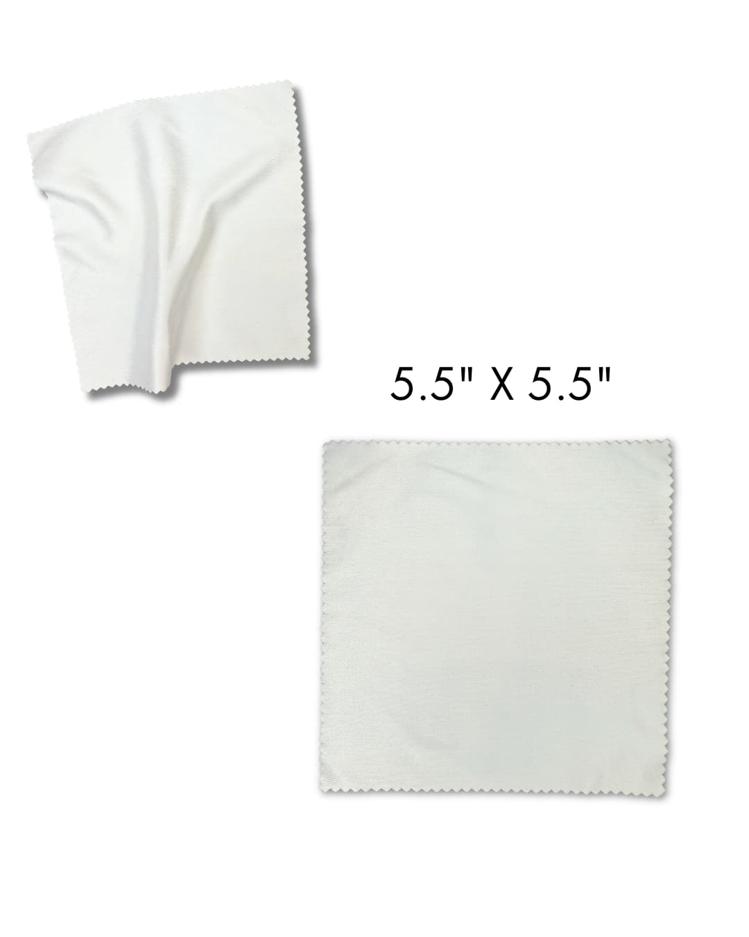 Custom microfiber cleaning cloth size reference showing folded and flat views, 5.5 inches by 5.5 inches.