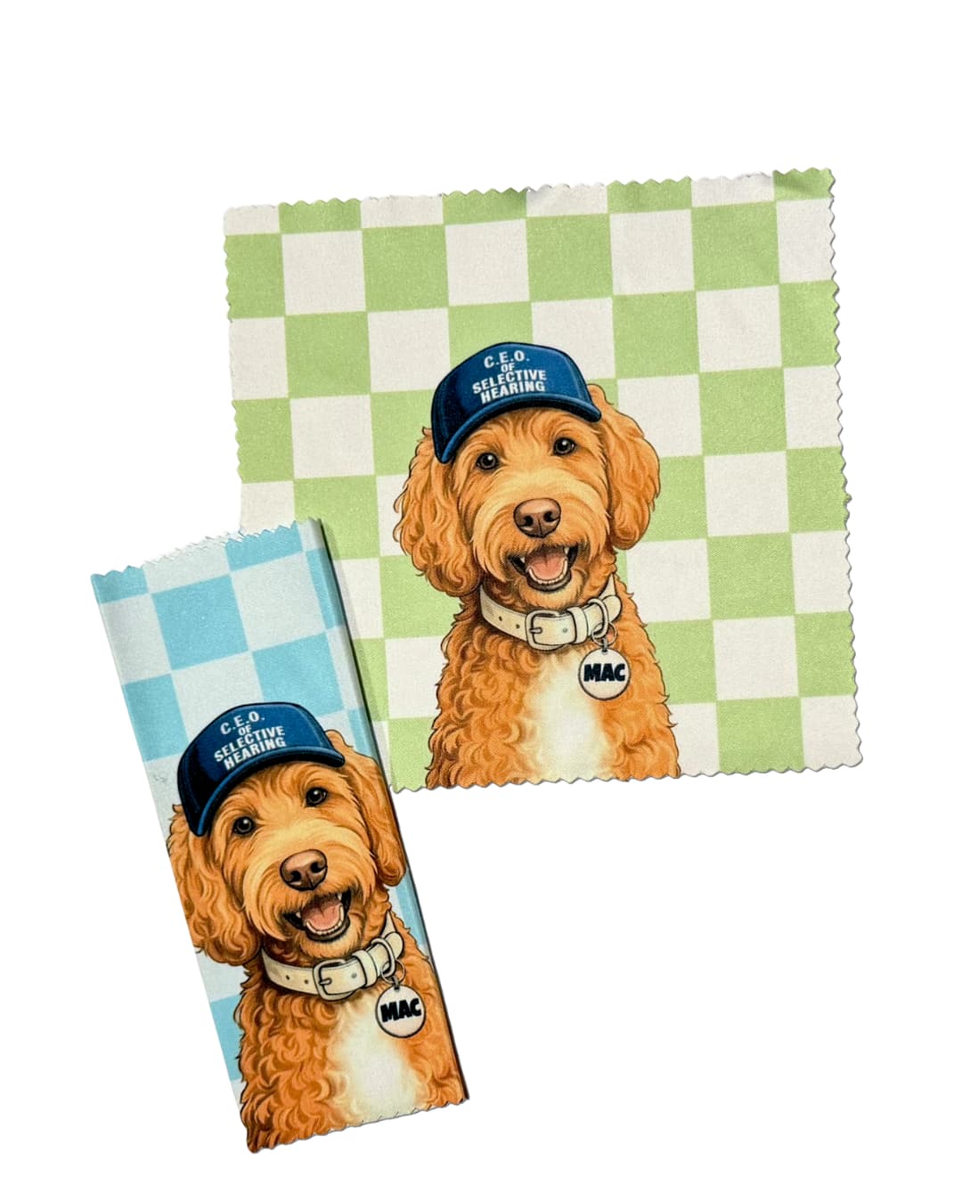 Two custom microfiber cleaning cloths with goldendoodle digital pet art on green and blue checkered backgrounds, shown flat and folded on white background.

