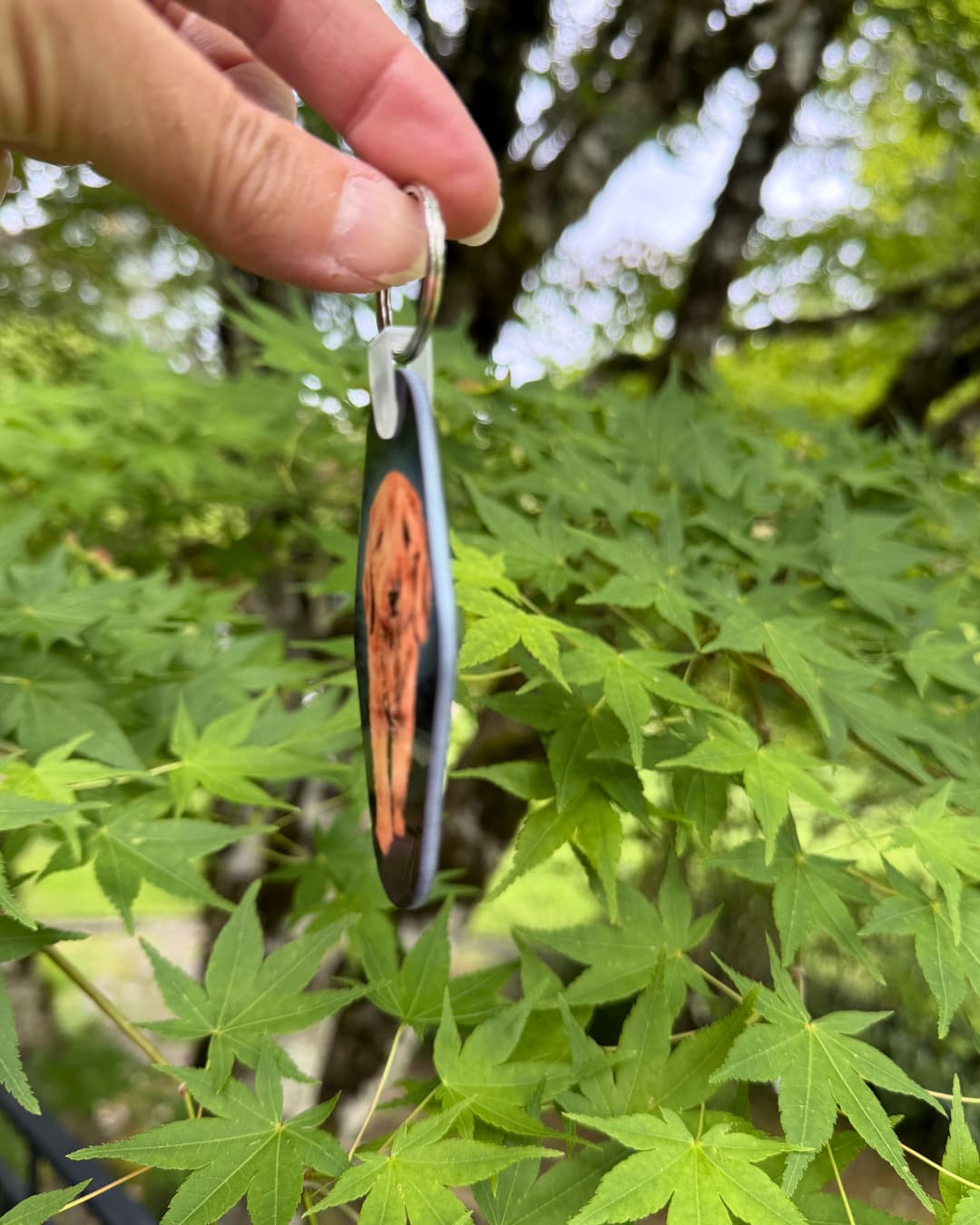 Custom motel keychain side profile view held outdoors against Japanese maple foliage, showing slim high gloss edge of the oval fob