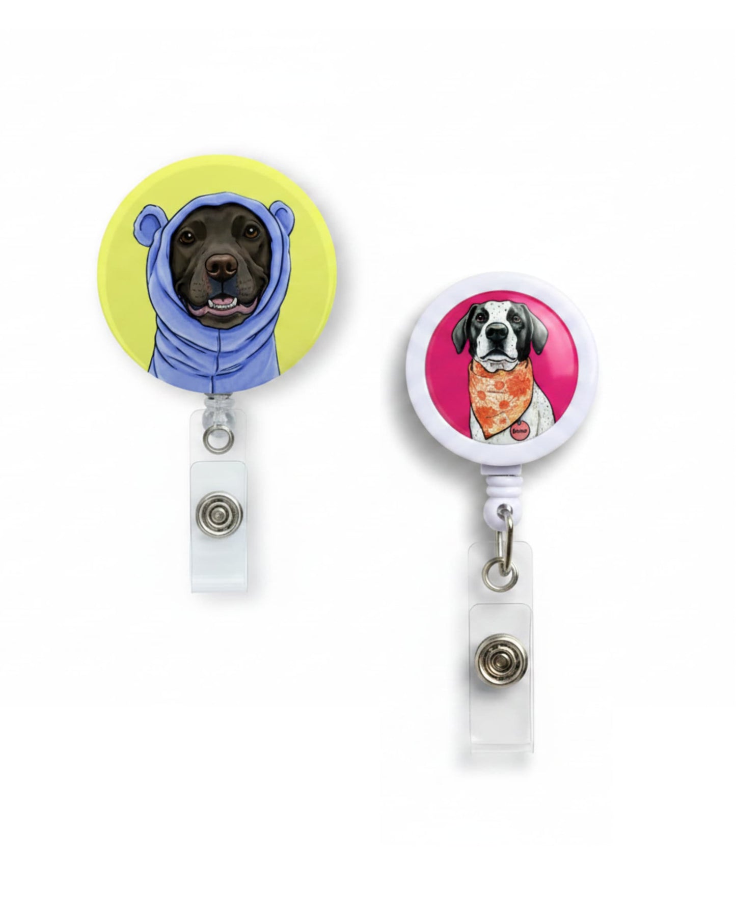 Custom dog badge reel two sizes, large black disc with illustrated pit bull in blue bear hoodie on yellow-green background and small white disc with illustrated dog in orange bandana on pink background, white background