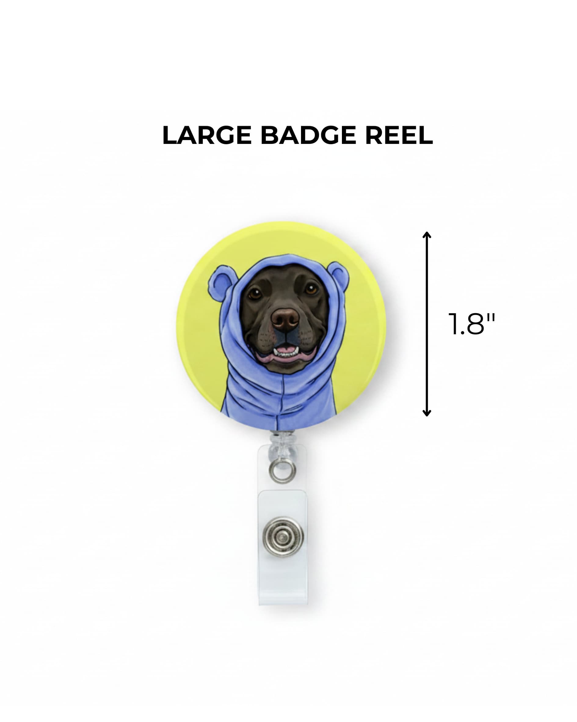 Custom dog badge reel large size dimensions, 1.8 inch disc shown with measurement callouts on white background