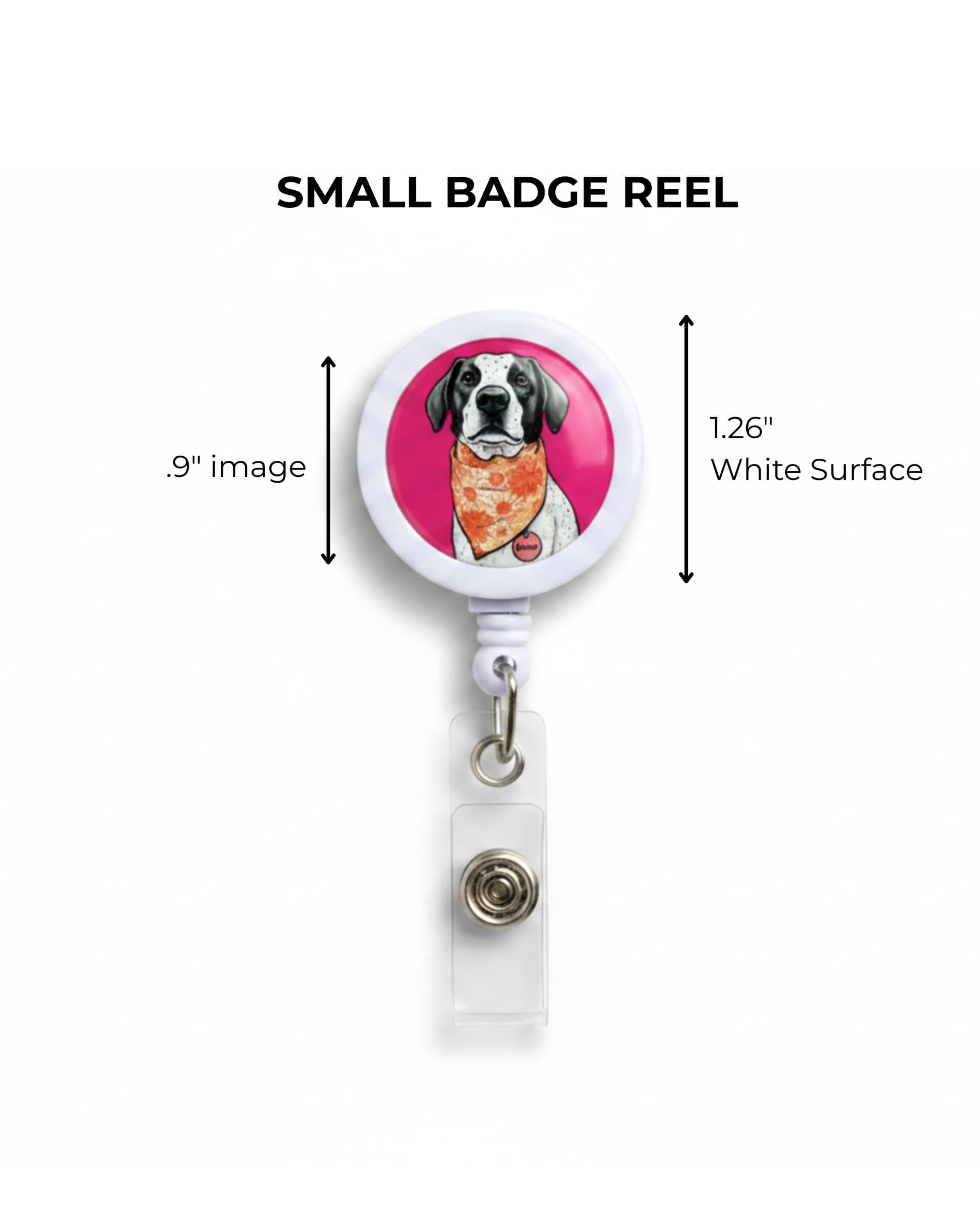 Custom pet badge reel small size dimensions, 1.26 inch white disc with 0.9 inch image area shown with measurement callouts on white background
