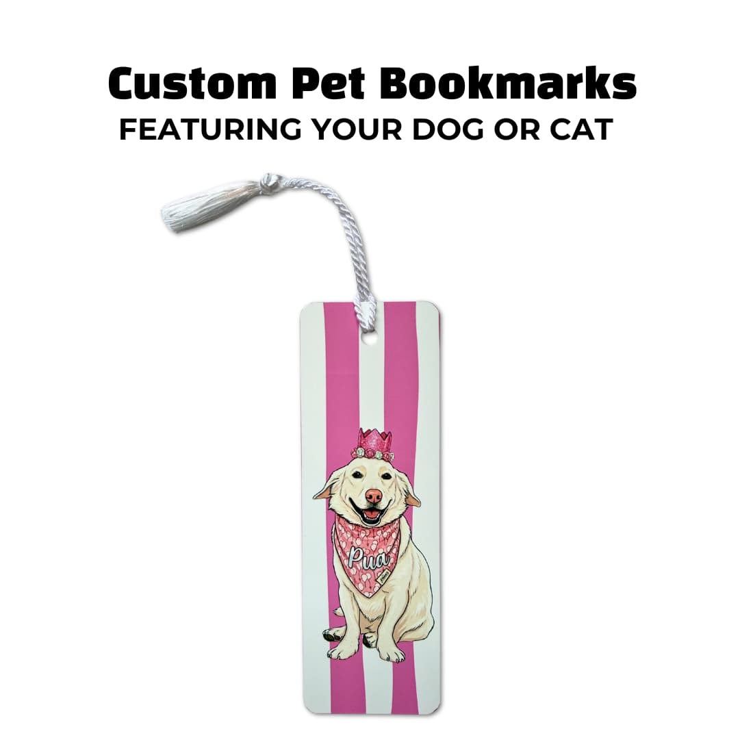 Custom pet bookmark featuring an illustrated white dog in a pink striped design with tassel - Sly Dawg Studio