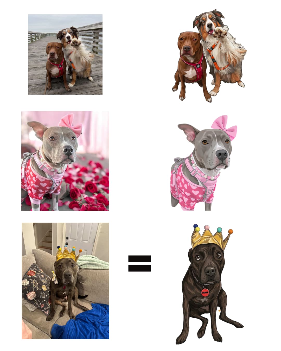 custom pet illustration examples showing three dogs transformed from photos into stylized art including two mixed breed dogs, a gray pittie in a pink bow and outfit, and a dark lab wearing a crown