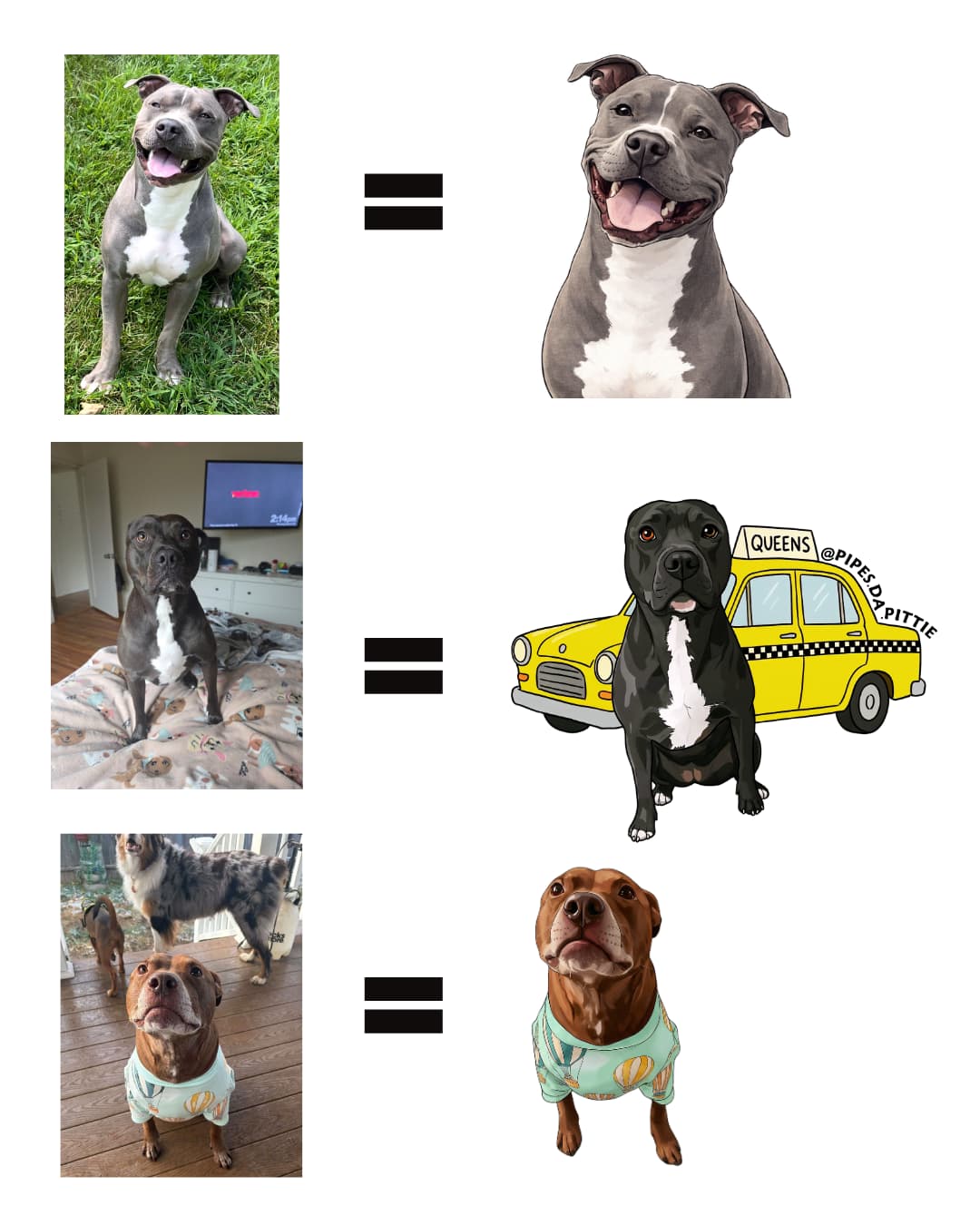 custom pet illustration upgrade showing three dogs transformed from photos into stylized art including a realistic portrait, a fun NYC taxi scene, and a dog in a shirt illustration