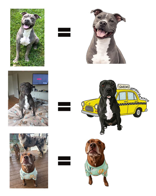 custom pet illustration upgrade showing three dogs transformed from photos into stylized art including a realistic portrait, a fun NYC taxi scene, and a dog in a shirt illustration