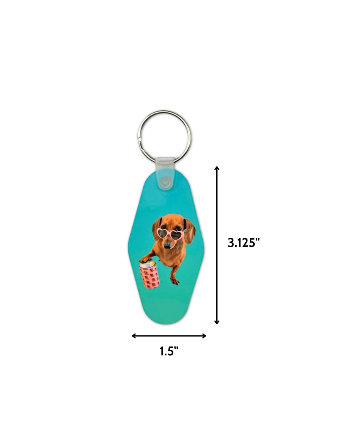 Custom motel keychain dimensions shown on teal fob with dachshund dog photo, 3.125 inches tall by 1.5 inches wide at widest point