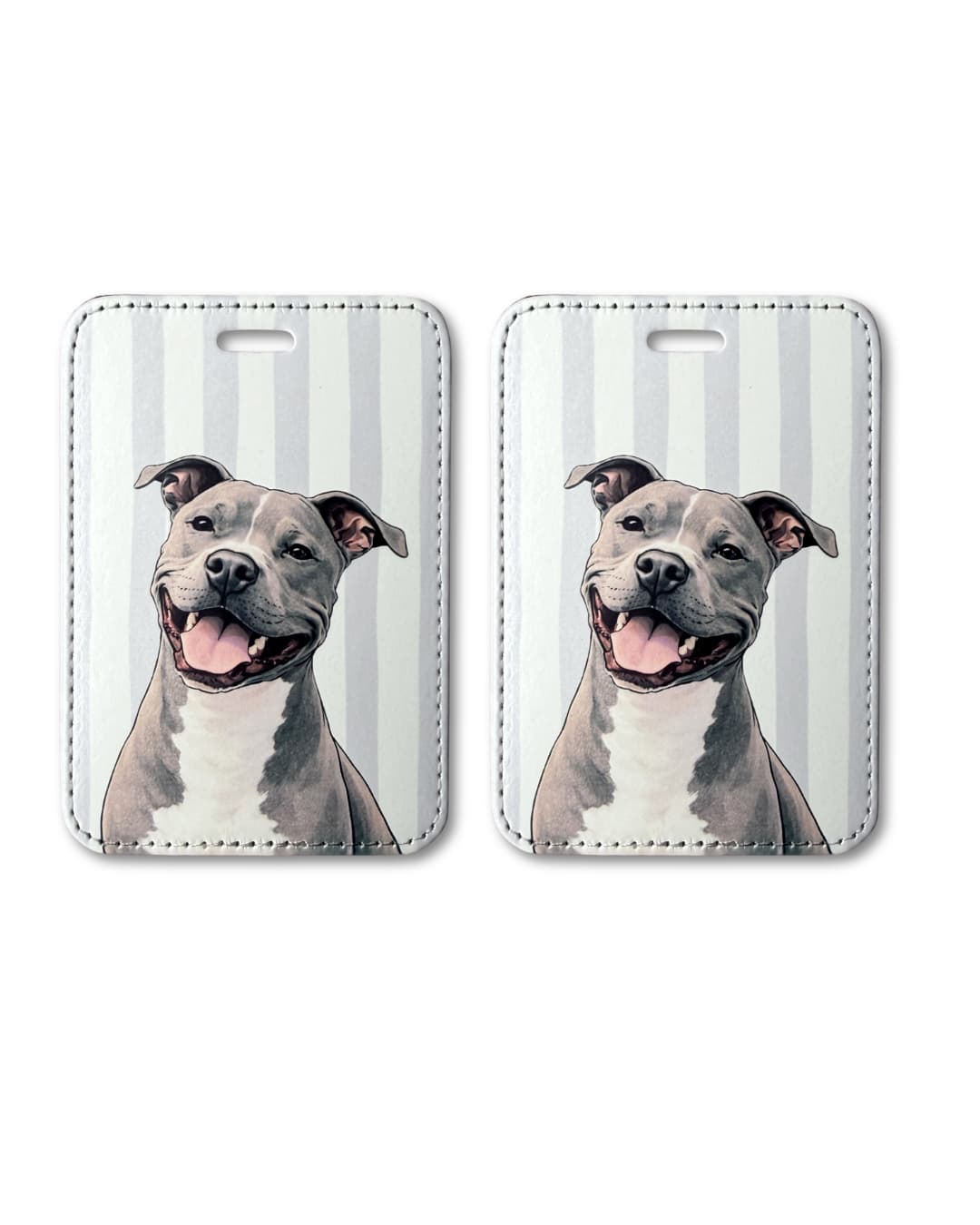 set of two matching rectangular faux leather  custom pet luggage tags: light gray and white stripes with a gray and white pit bull mix illustration. White background.