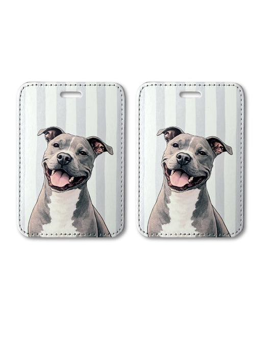 set of two matching rectangular faux leather  custom pet luggage tags: light gray and white stripes with a gray and white pit bull mix illustration. White background.