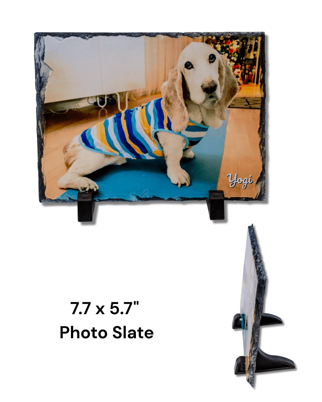 A custom pet memorial gift set featuring a natural stone photo slate 
