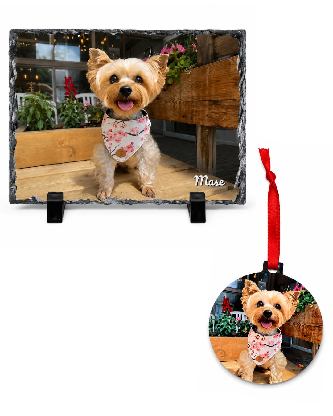Rectangular dark gray natural stone photo slate displaying a smiling Yorkie named Mase in a pink bandana, paired with a round aluminum ornament with red ribbon, pet sympathy gift set by Sly Dawg Studio