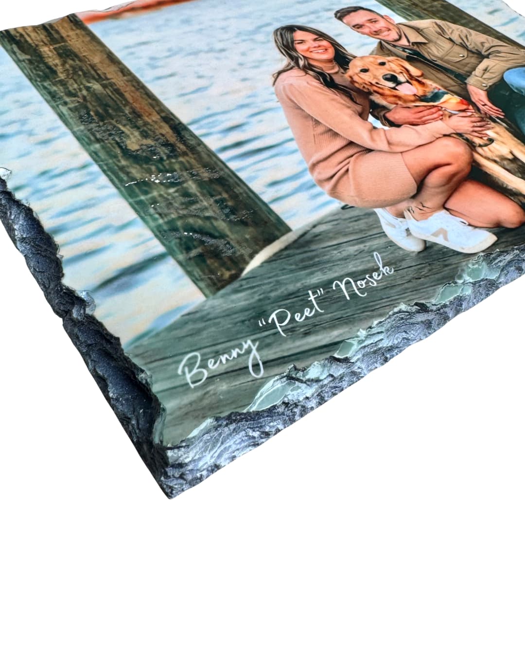 Close-up of rectangular dark gray photo slate edge showing approximately half inch thickness, with optional pet name visible on surface, custom pet photo slate detail by Sly Dawg Studio