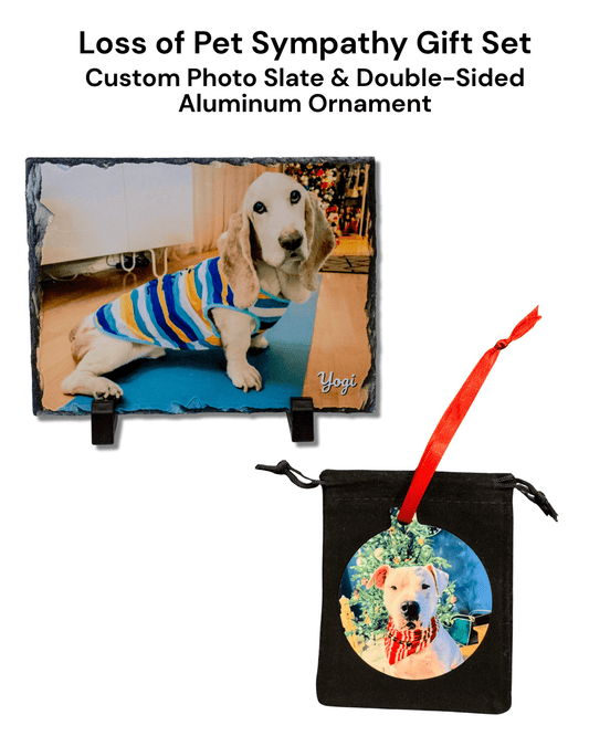A custom pet memorial gift set featuring a natural stone photo slate with display stands and a double-sided aluminum ornament.