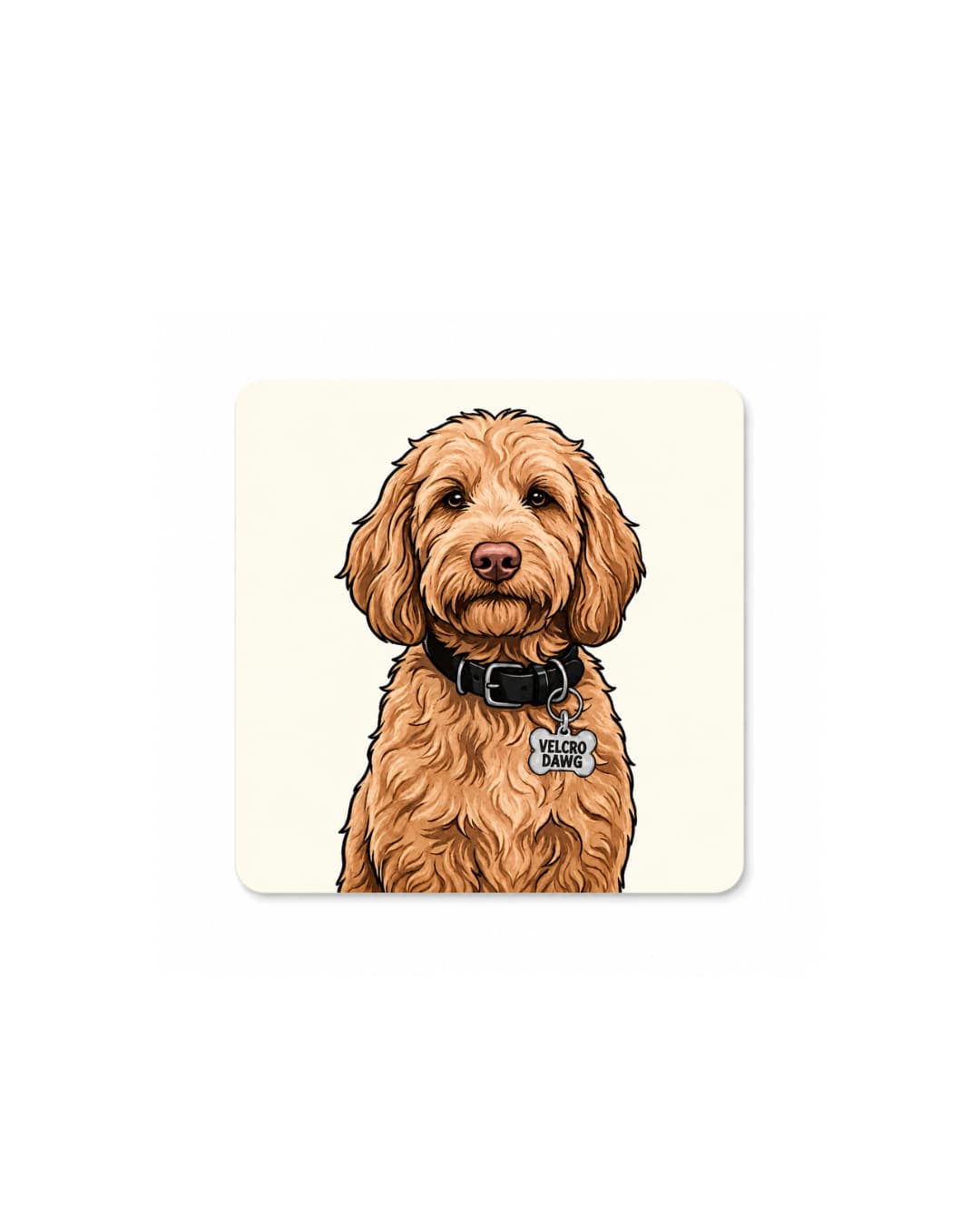 A square cream-colored metal magent featuring a stylized illustration of a golden-brown doodle dog wearing a black collar with a bone-shaped tag that reads VELCRO DAWG'. The custom pet fridge magnet  is centered on a clean white background.