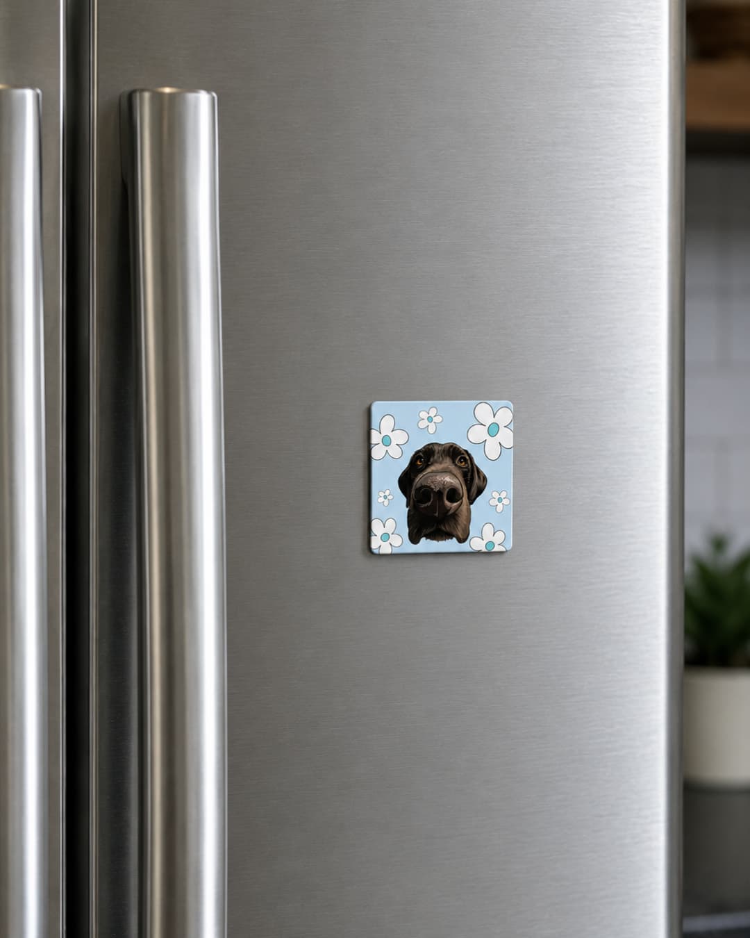 Custom pet photo fridge magnet on stainless steel refrigerator, personalized dog illustration magnet with daisy design, shown in kitchen