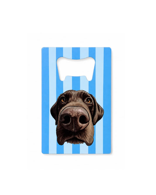 Personalized pet photo bottle opener credit card size featuring blue stripes and chocolate Lab face close up illustration