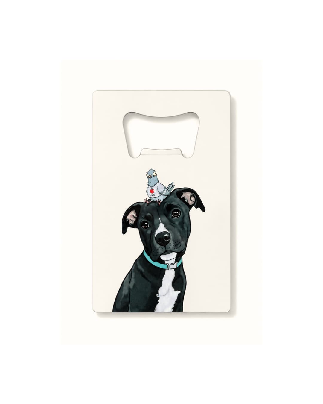 off white custom bottle opener featuring illustration of a black pitbull with a pigeon on her head. white background behind the product.