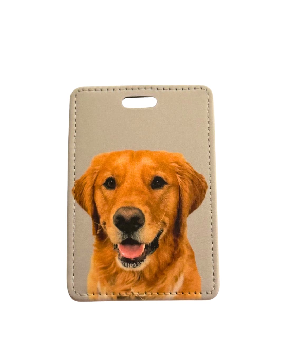 aux leather custom pet photo luggage tag featuring a smiling golden retriever close-up, by Sly Dawg Studio