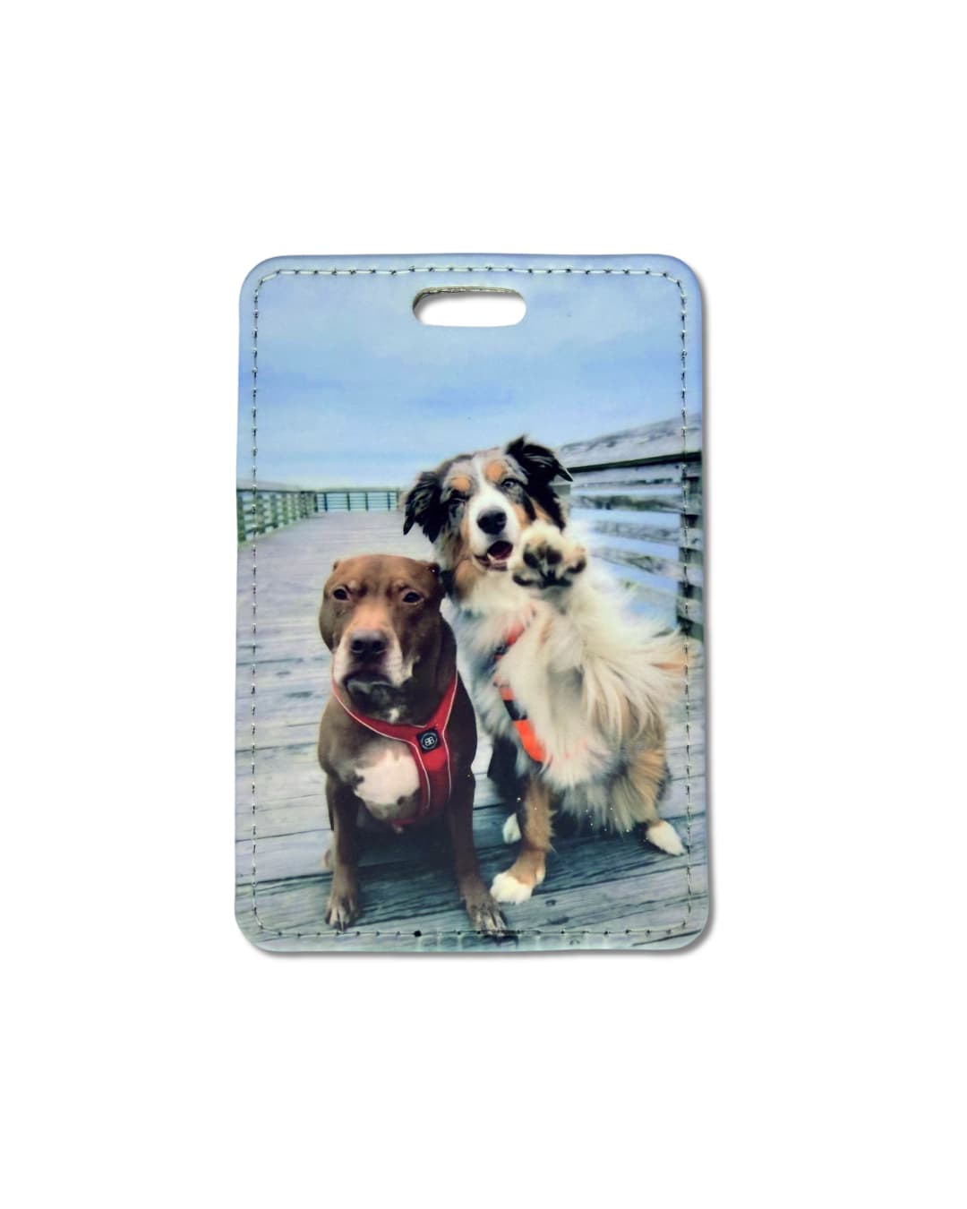 Personalized luggage tag with two dogs on a bridge, custom pet photo travel gift by Sly Dawg Studio