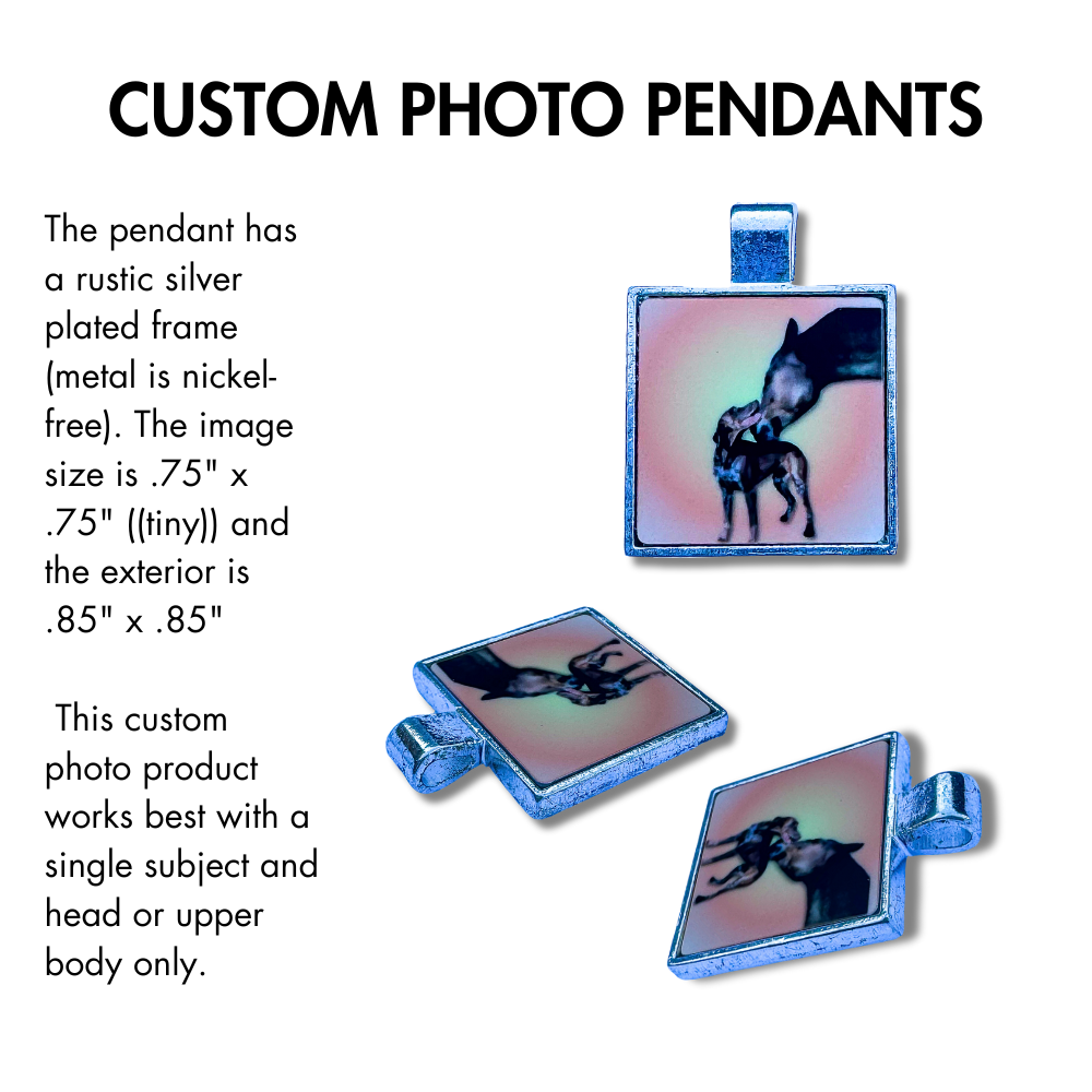 custom photo pendant. Images shows 3 angles of a horse and dog photo