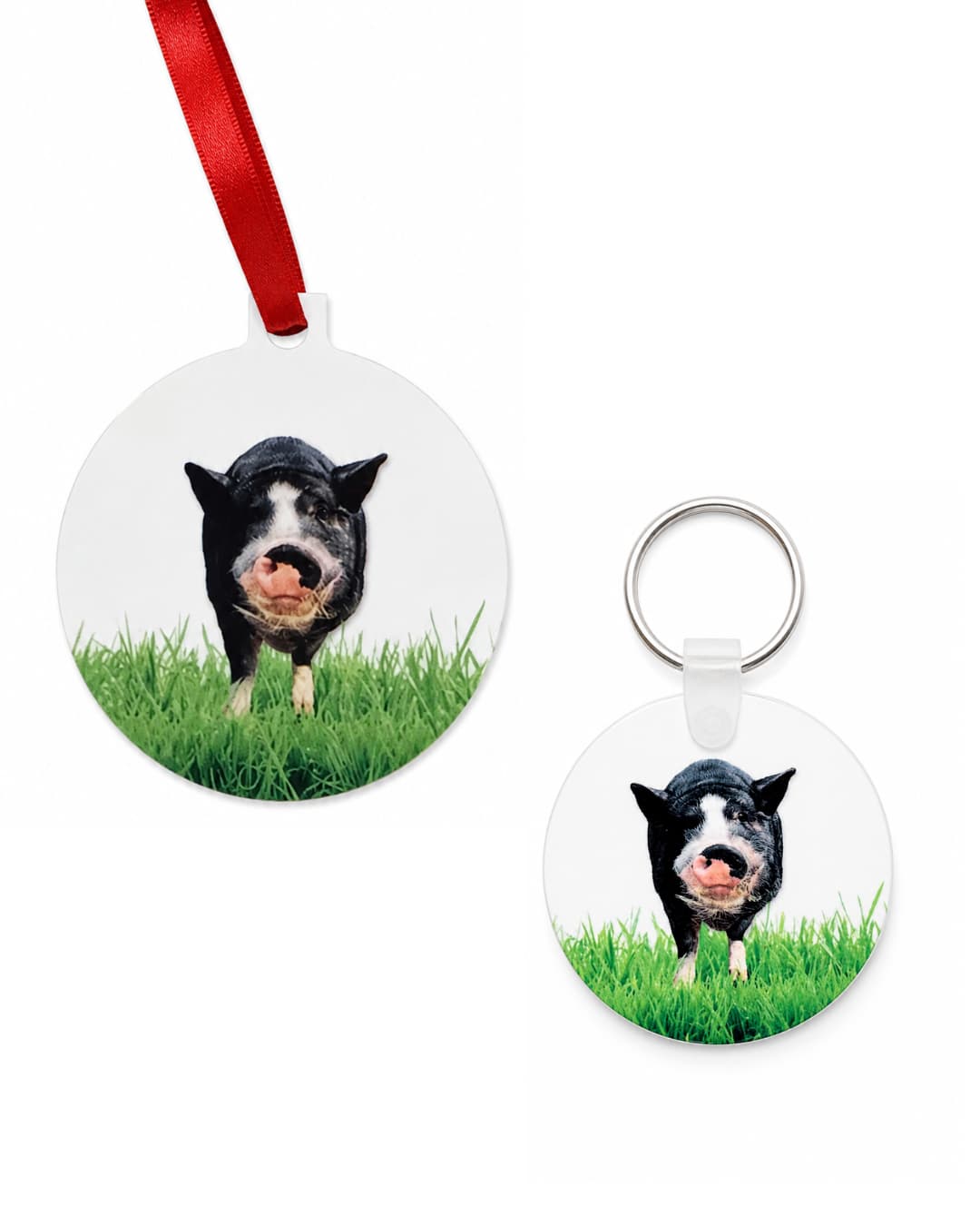 Round custom pet photo ornament and keychain set featuring pig portrait on white background, round double-sided aluminum personalized pet ornament by Sly Dawg Studio