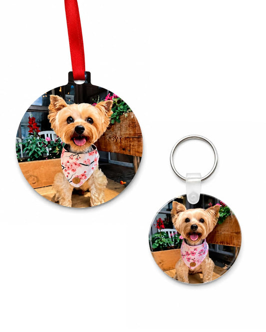Round custom pet photo ornament and keychain set featuring Yorkie in pink bandana, round gloss aluminum double-sided personalized pet keepsake by Sly Dawg Studio