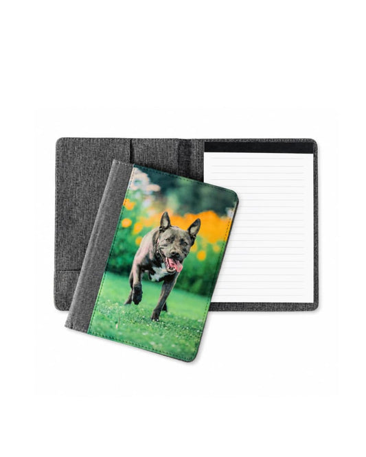 Custom pet photo portfolio notepad holder open and closed, featuring a black pit mix dog running in green field, personalized pet gift by Sly Dawg Studio