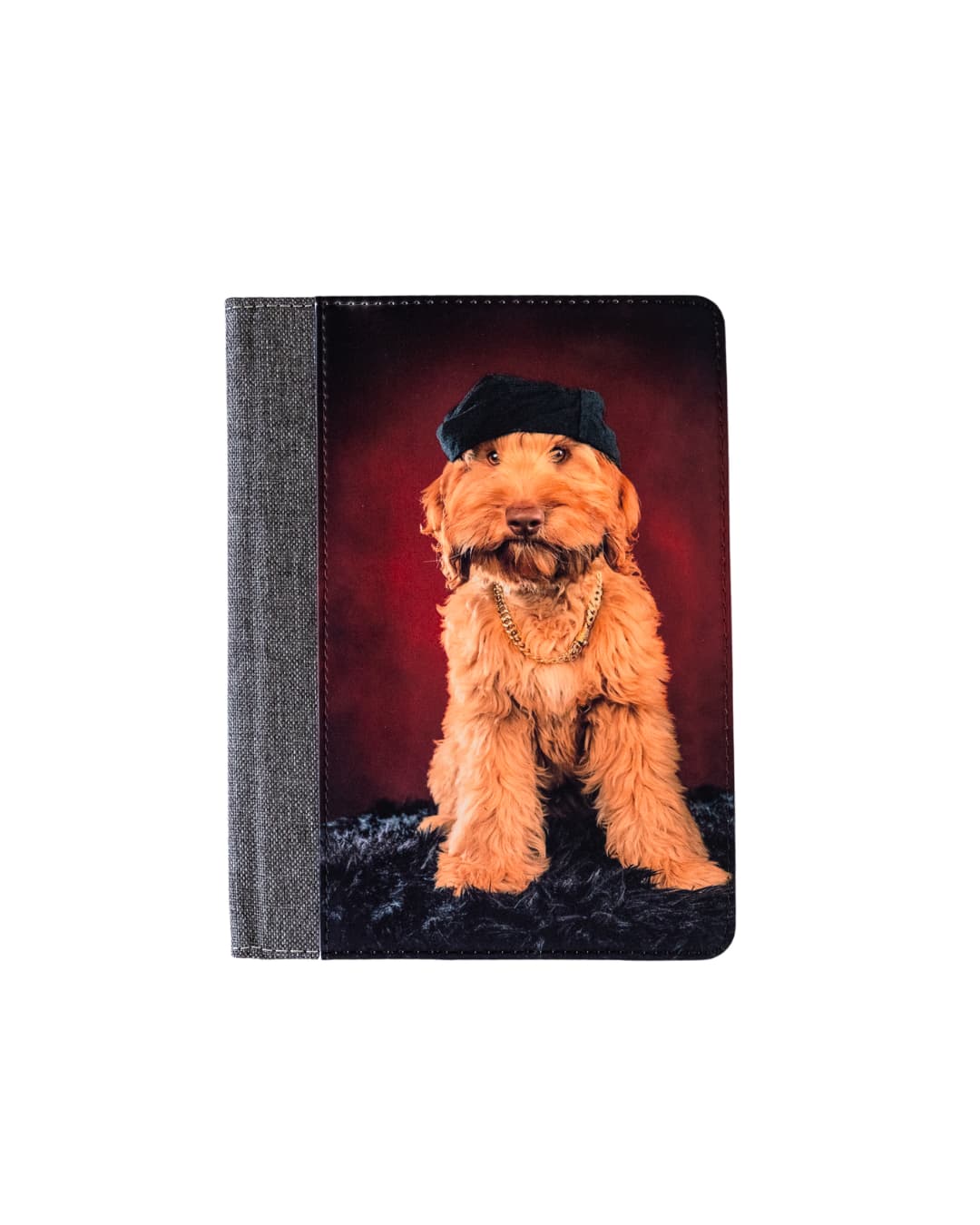 Custom pet photo portfolio notepad holder featuring a golden doodle in beret and gold chain on dark red background, personalized pet gift by Sly Dawg Studio