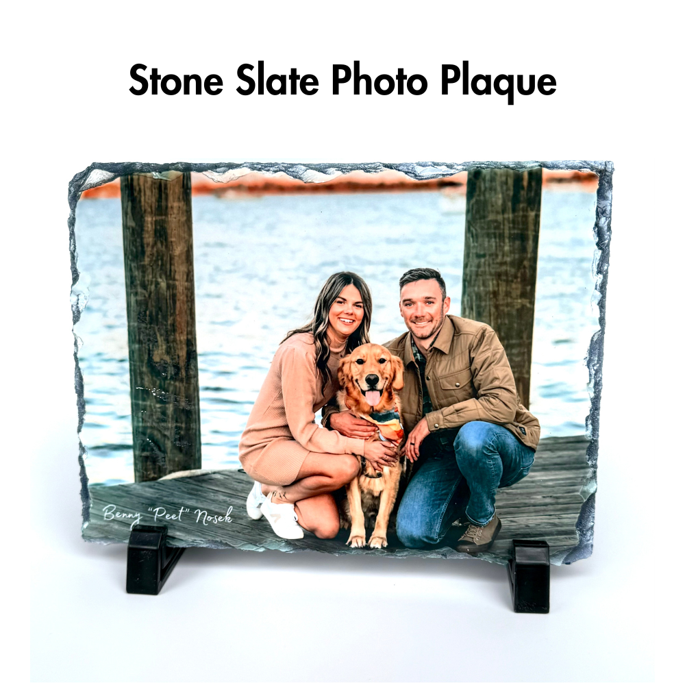 Custom Slate Stone Pet / Dog Photo Plaque. Examples shows a couple with a dog on a dog.