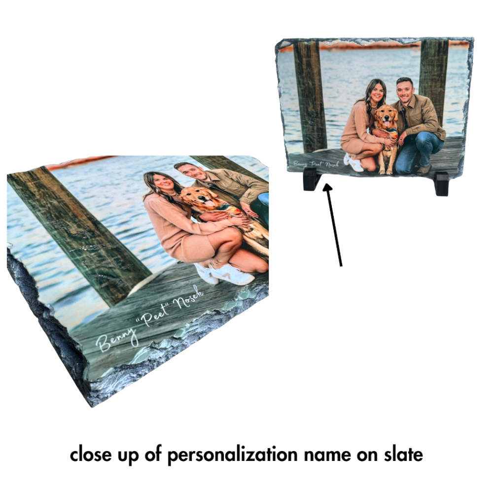 photo of custom photo slate included in sympathy basket for loss of dog
