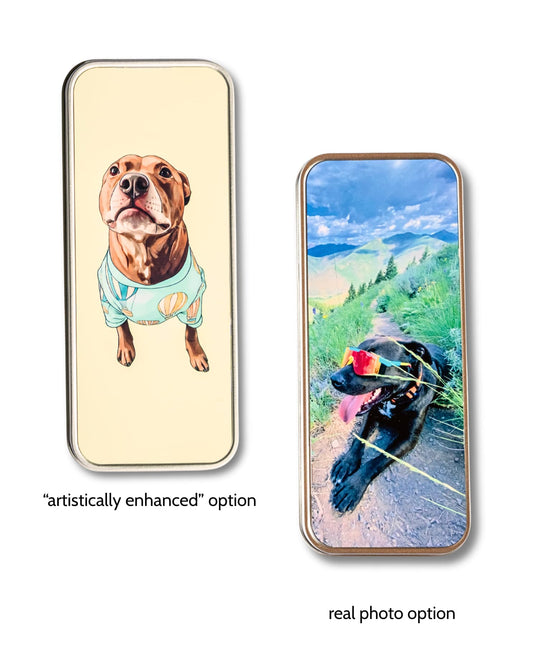 Custom Pet Photo Storage Tin with an illustrated dog on a yellow background a second tin:  photo of dog wearing sports glasses on a mountain.