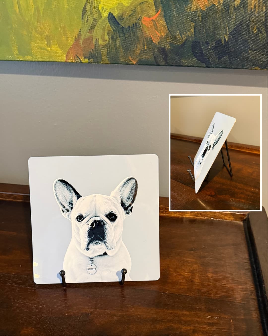 Custom pet portrait aluminum metal photo tile shown on a wood table with black metal easel. Includes additional image of side view of easel.