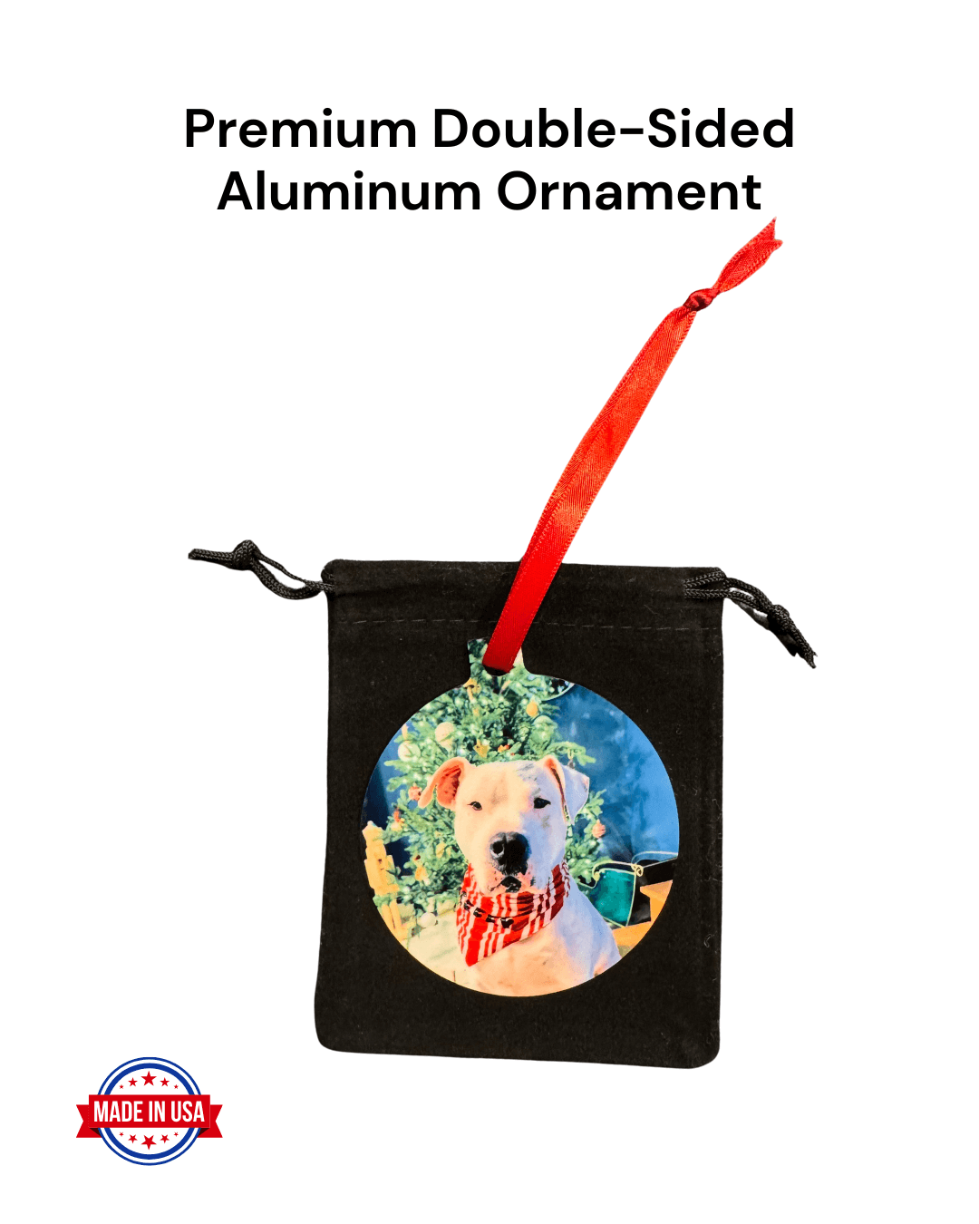 A custom pet memorial gift set featuring a premium double-sided aluminum ornament.