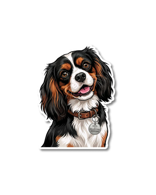 Cute Cavalier King Charles sticker tricolor cavalier king charles spaniel with head tilt wearing CEO of selective hearing tag matte vinyl decal
