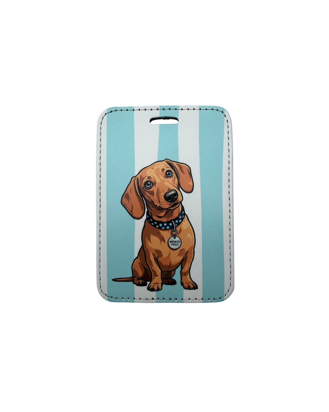 Cute Dachshund suitcase ID tag; illustrated brown dachshund wearing wiener's circle ID tag with light blue striped background