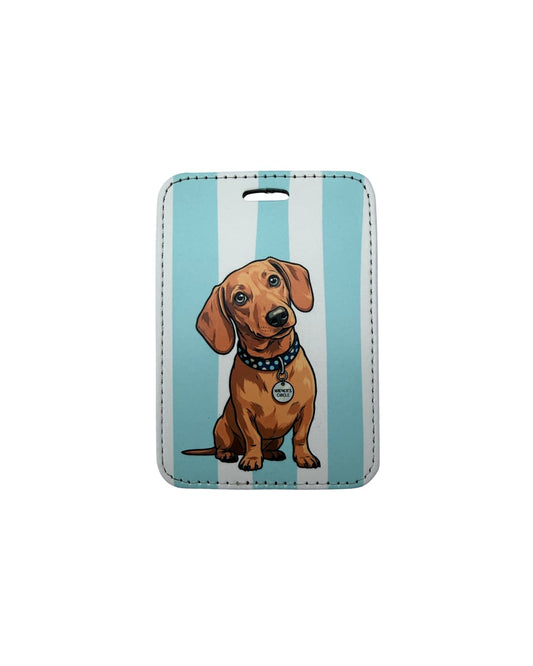 Cute Dachshund suitcase ID tag; illustrated brown dachshund wearing wiener's circle ID tag with light blue striped background