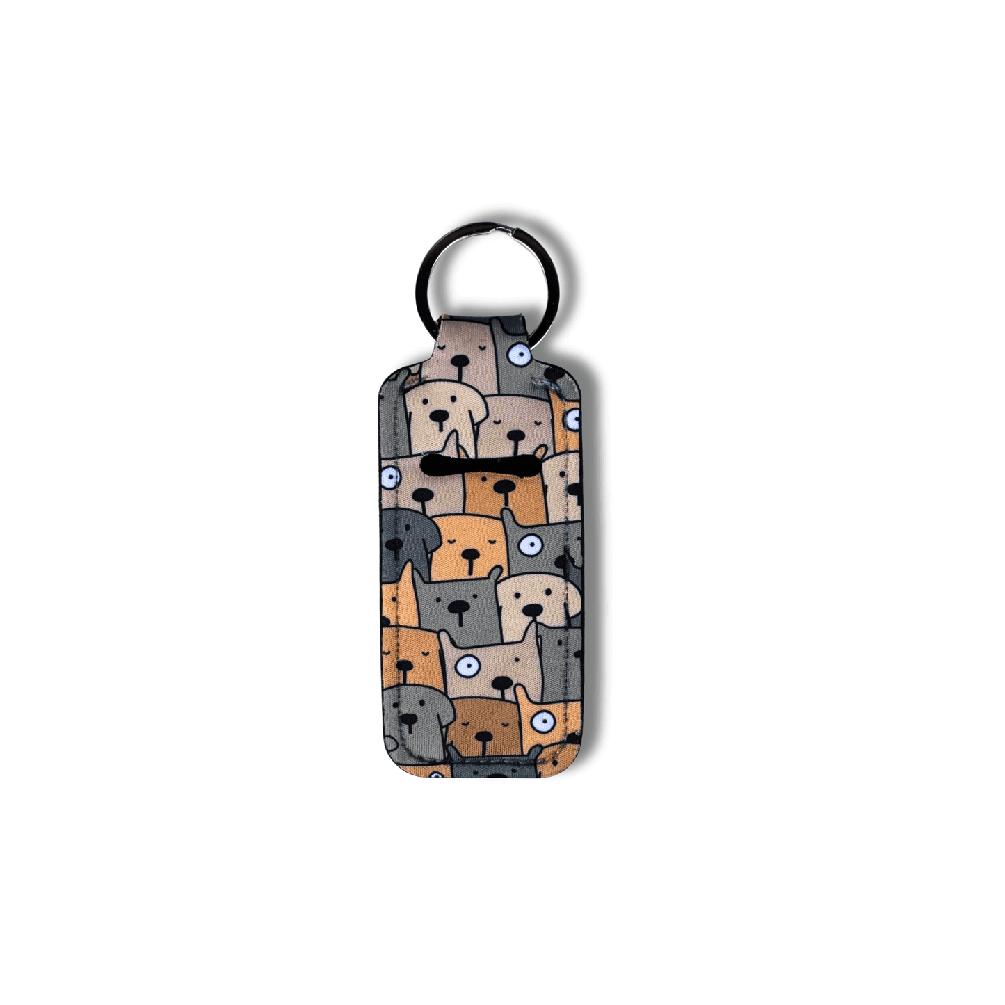 lip balm keychain with dog pattern on a white background
