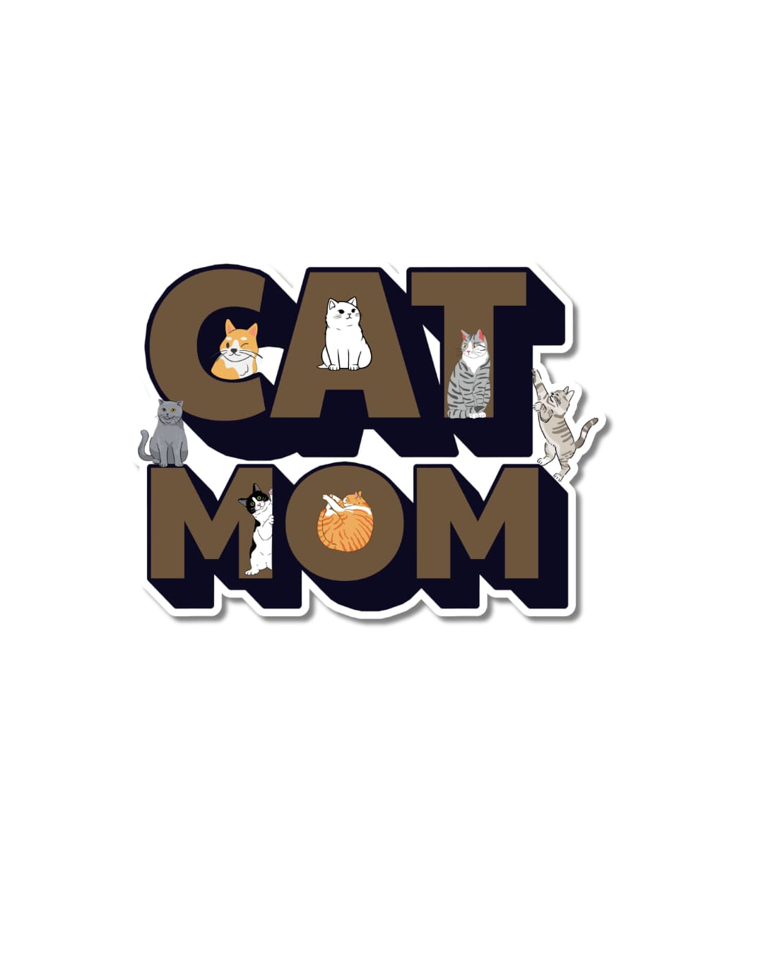 Cute cat mom water bottle sticker with bold brown letters spelling "Cat Mom" with illustrated cats tucked into and around the letters.