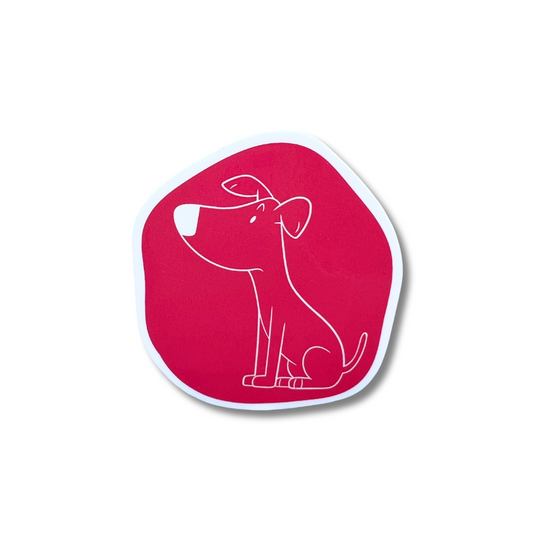 cute dog sticker that has a red background with white doggy line art, the shape is an irregular circle