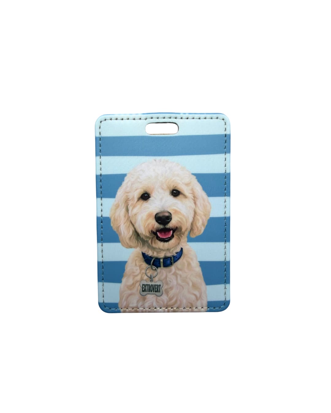 Cute doodle dog luggage tag; Fun faux leather luggage tag with a smiling cream Goldendoodle illustration wearing a blue collar with an Extrovert charm, light blue and white horizontal stripes, white background.