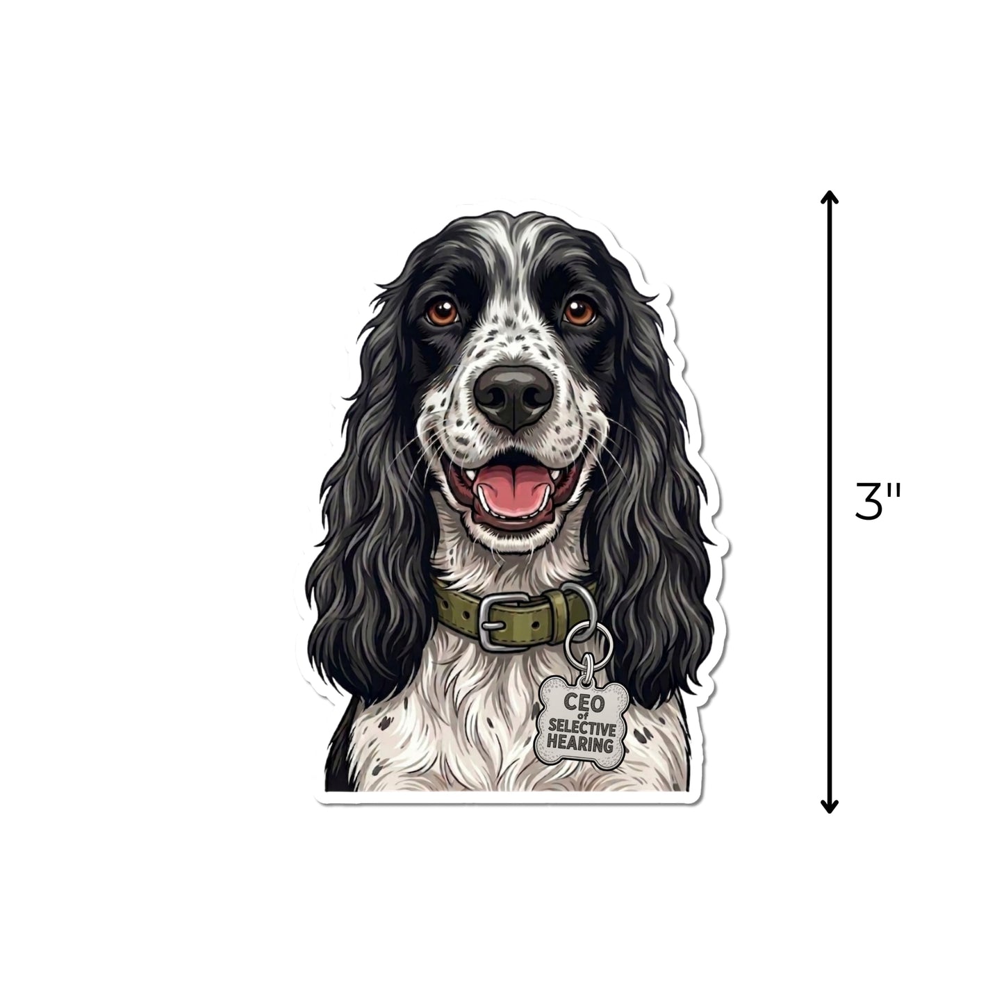 ute English Cocker Spaniel sticker with a vertical arrow showing the waterproof kiss-cut decal measures 3 inches tall.