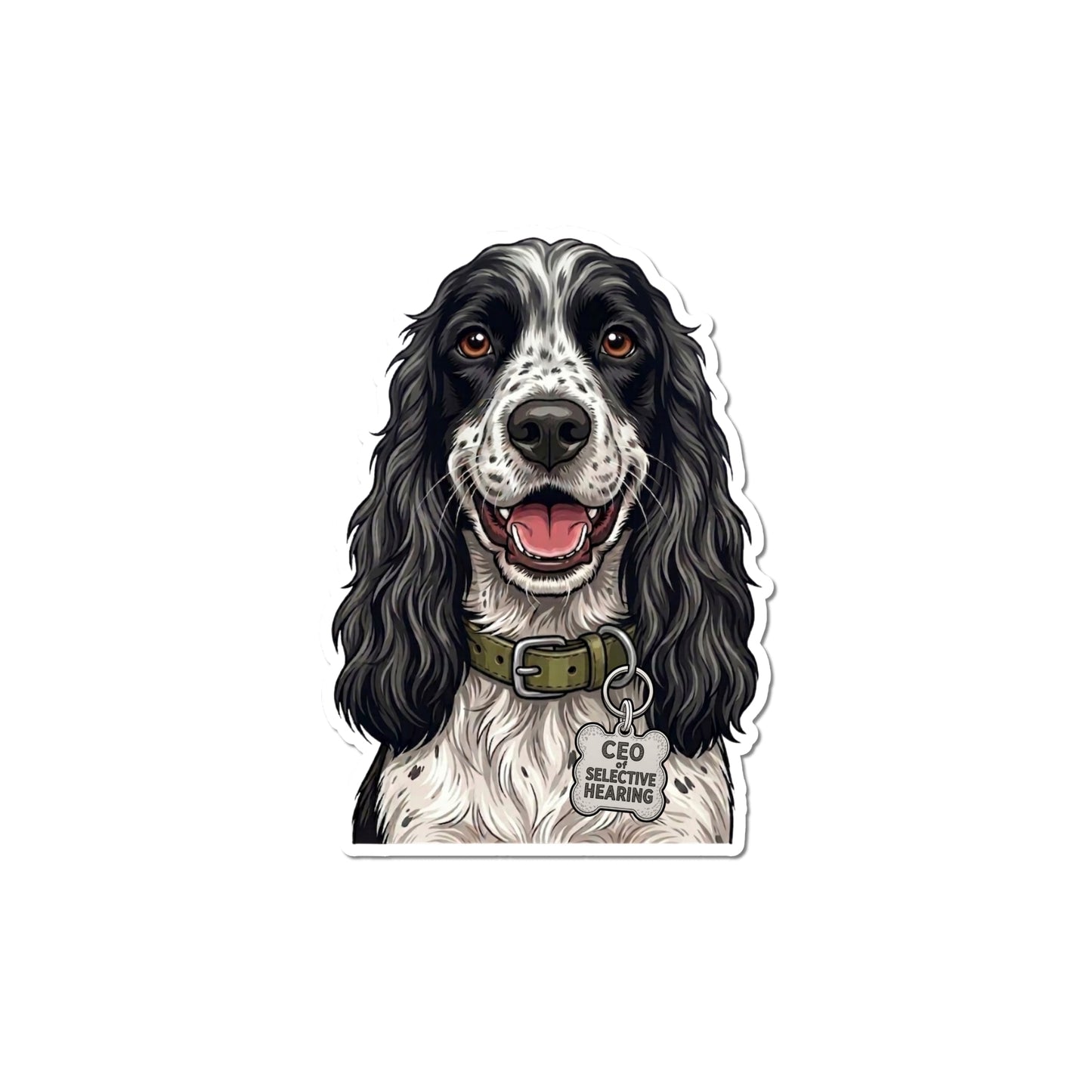 Cute English Cocker Spaniel sticker featuring a smiling black-and-white dog with long floppy ears, an olive collar, and a bone-shaped CEO of Selective Hearing tag.