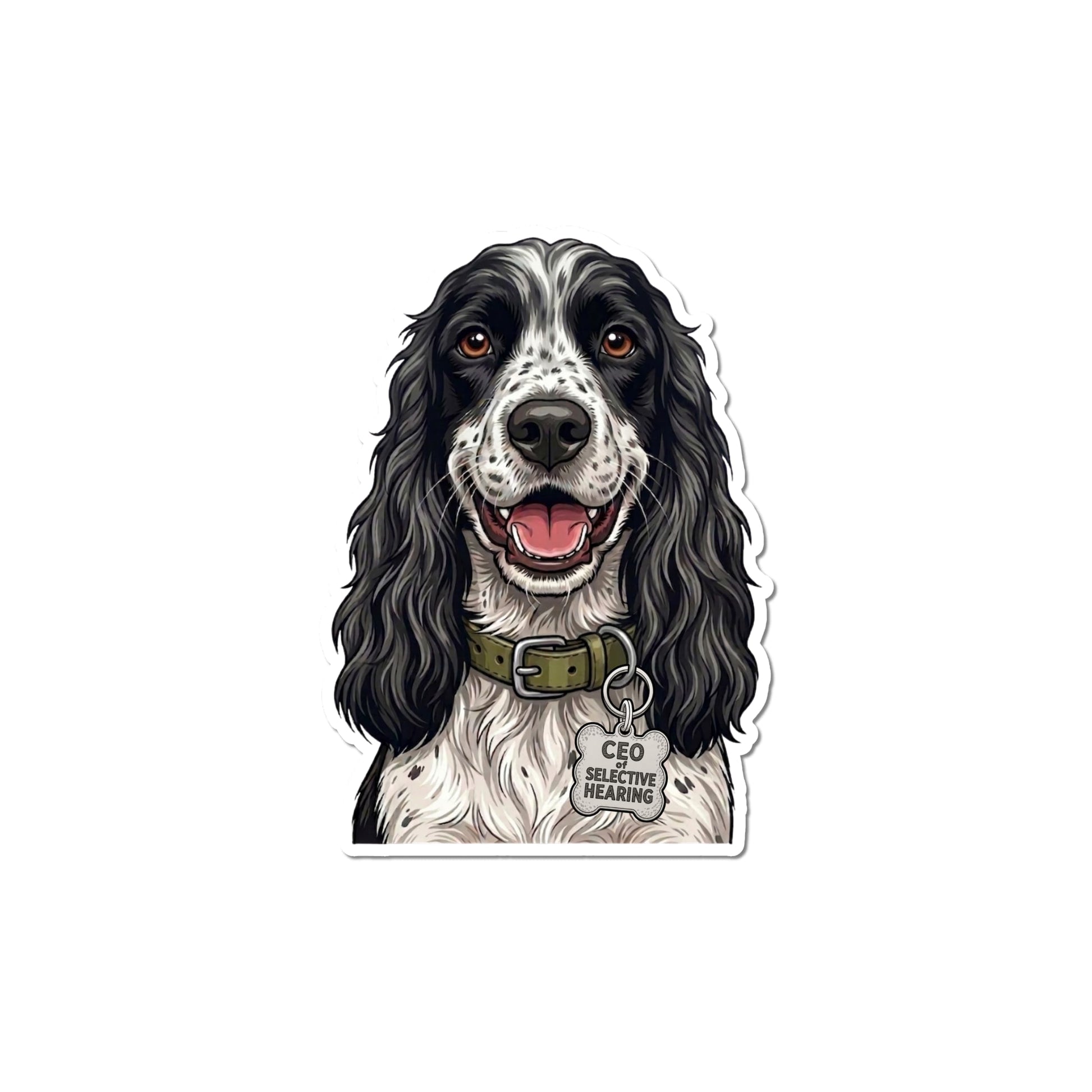Cute English Cocker Spaniel sticker featuring a smiling black-and-white dog with long floppy ears, an olive collar, and a bone-shaped CEO of Selective Hearing tag.