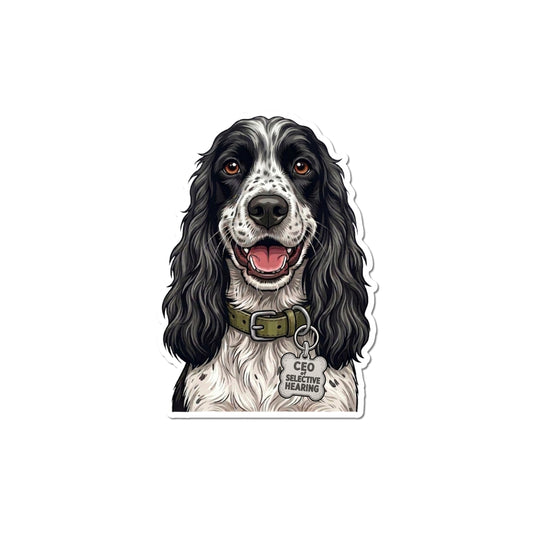 Cute English Cocker Spaniel sticker featuring a smiling black-and-white dog with long floppy ears, an olive collar, and a bone-shaped CEO of Selective Hearing tag.