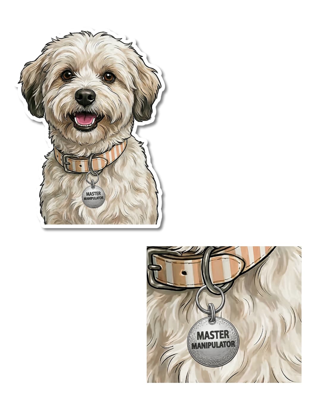 cute havanese sticker close up of master manipulator dog tag on fluffy havanese dog matte vinyl decal