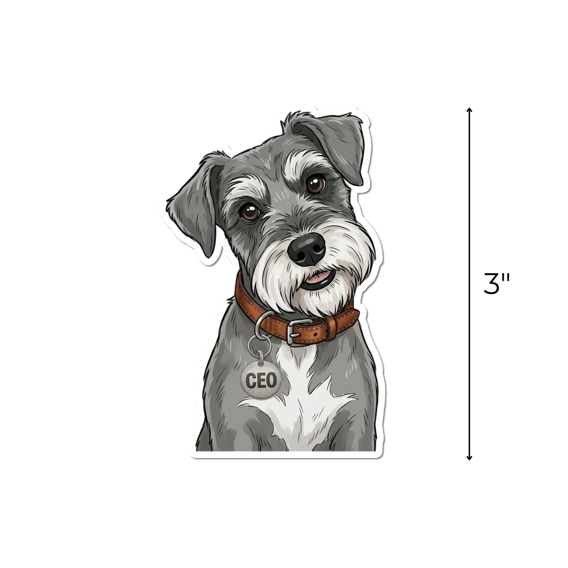 Cute Schnauzer sticker with a vertical arrow showing the waterproof kiss-cut decal measures 3 inches tall.
